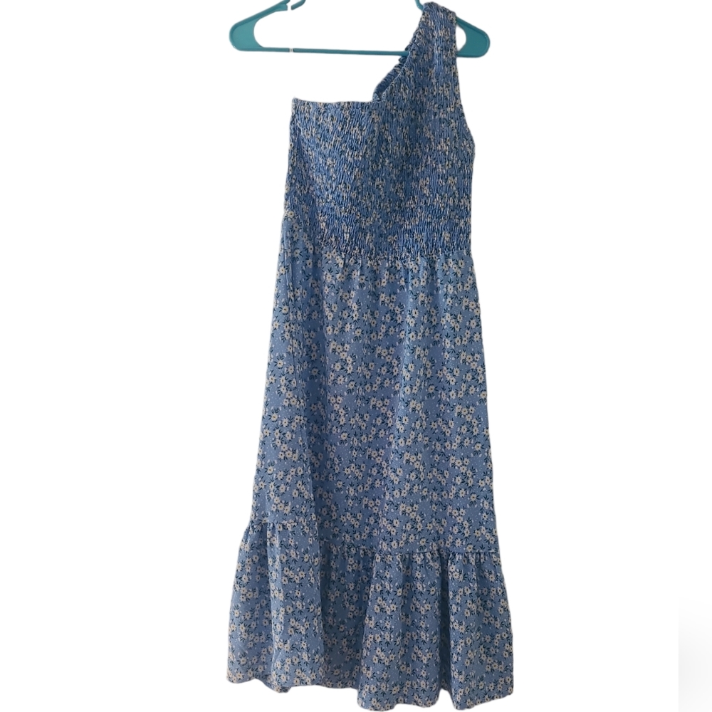 One shoulder blue floral dress